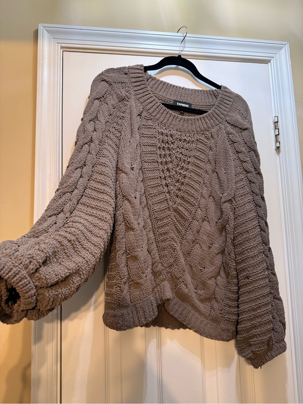 Express Taupe Cable-Knit Crewneck Sweater